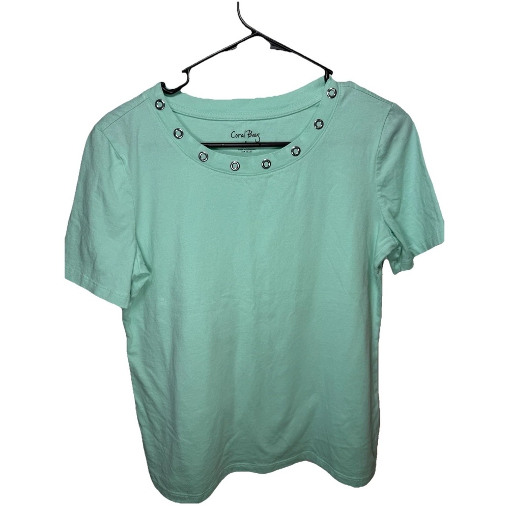 Coral Bay Womens S Aqua Green Short Sleeve T-Shirt Grommet Neckline 100% Cotton